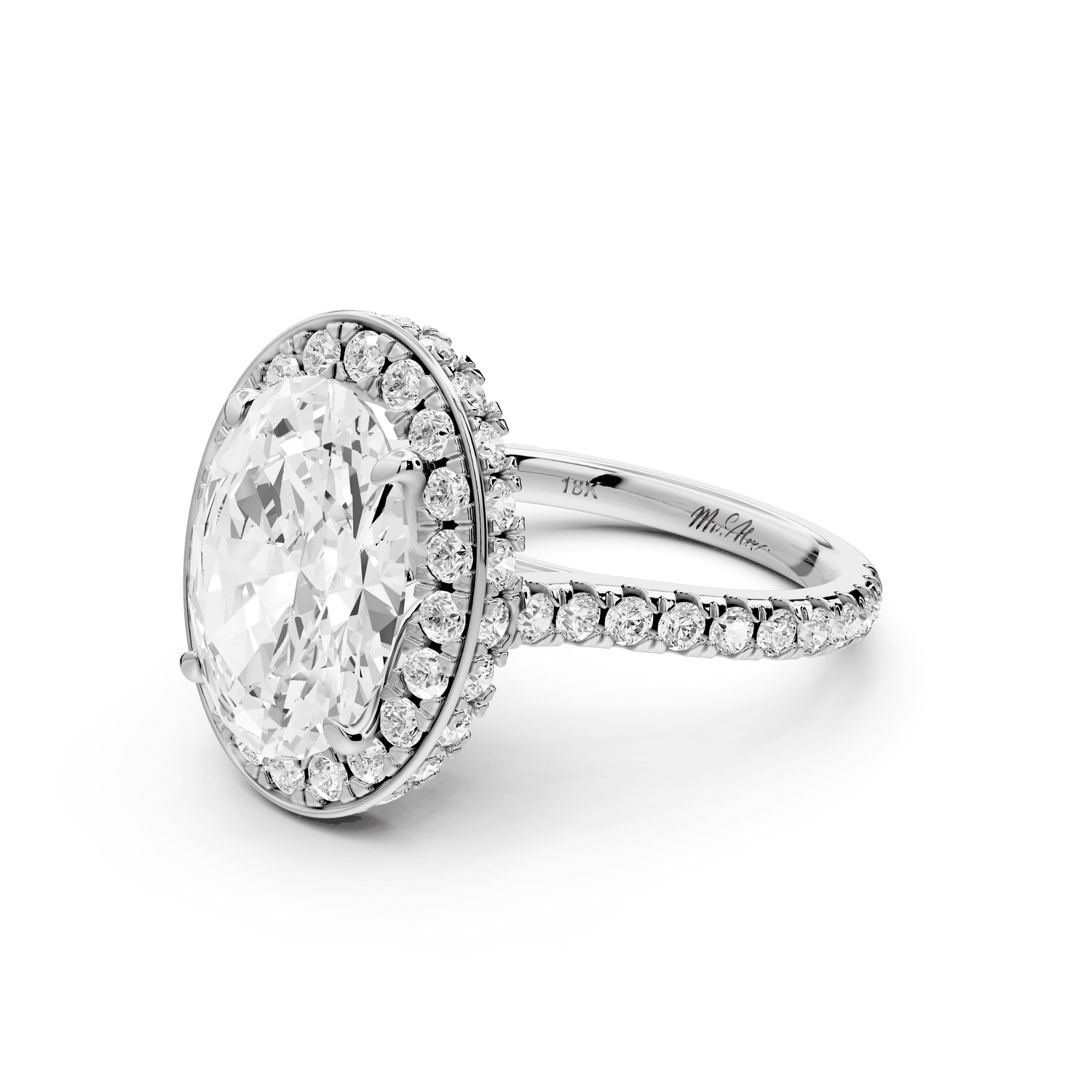 Beatrice - 4ct platinum oval stone in rollover halo with diamond bridge and pavé engagement ring - Mr. Alex Jewelry