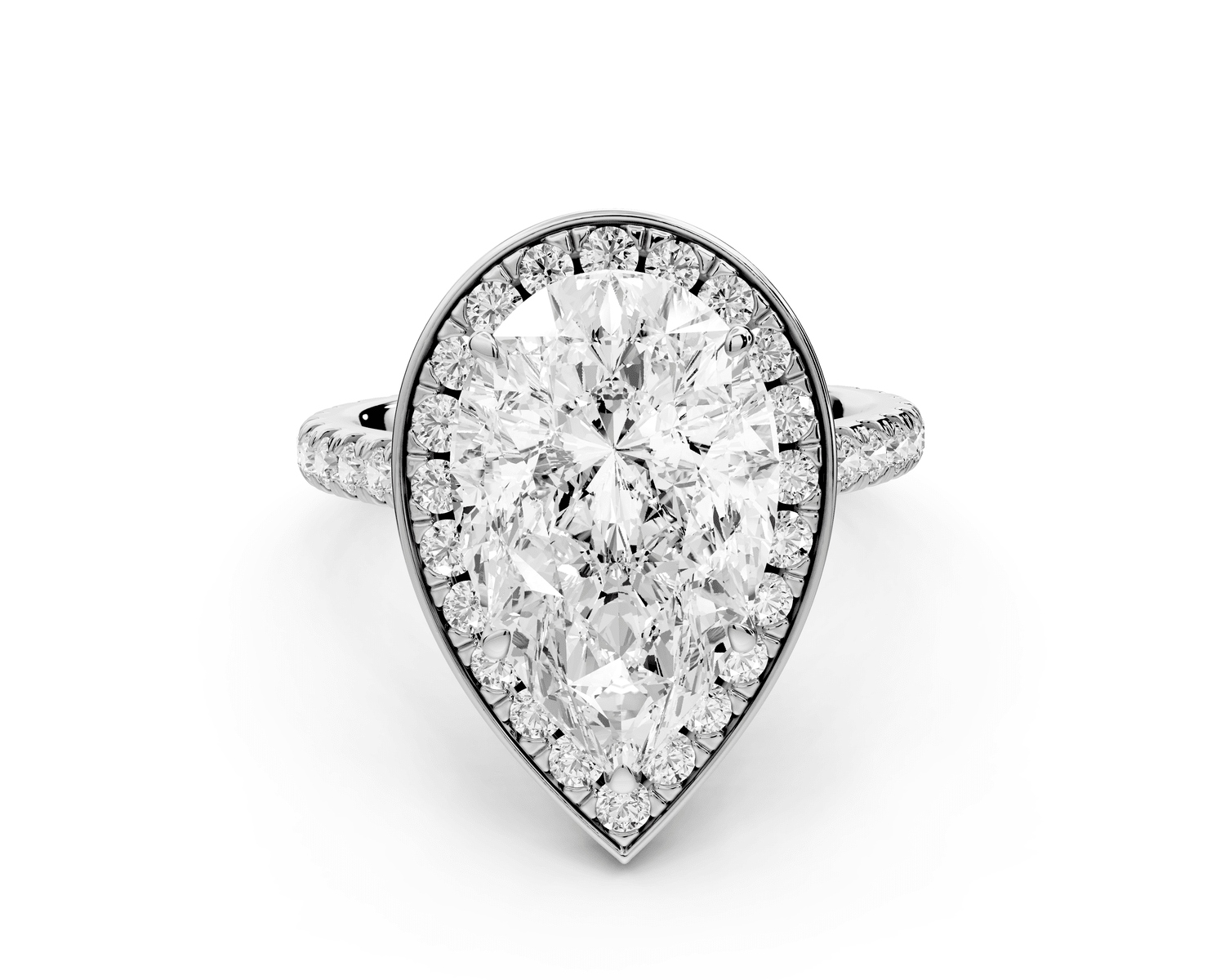 Beatrice - 4ct platinum pear stone in rollover halo with diamond bridge and pavé engagement ring - Mr. Alex Jewelry