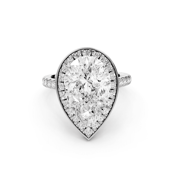 Beatrice - 4ct platinum pear stone in rollover halo with diamond bridge and pavé engagement ring - Mr. Alex Jewelry