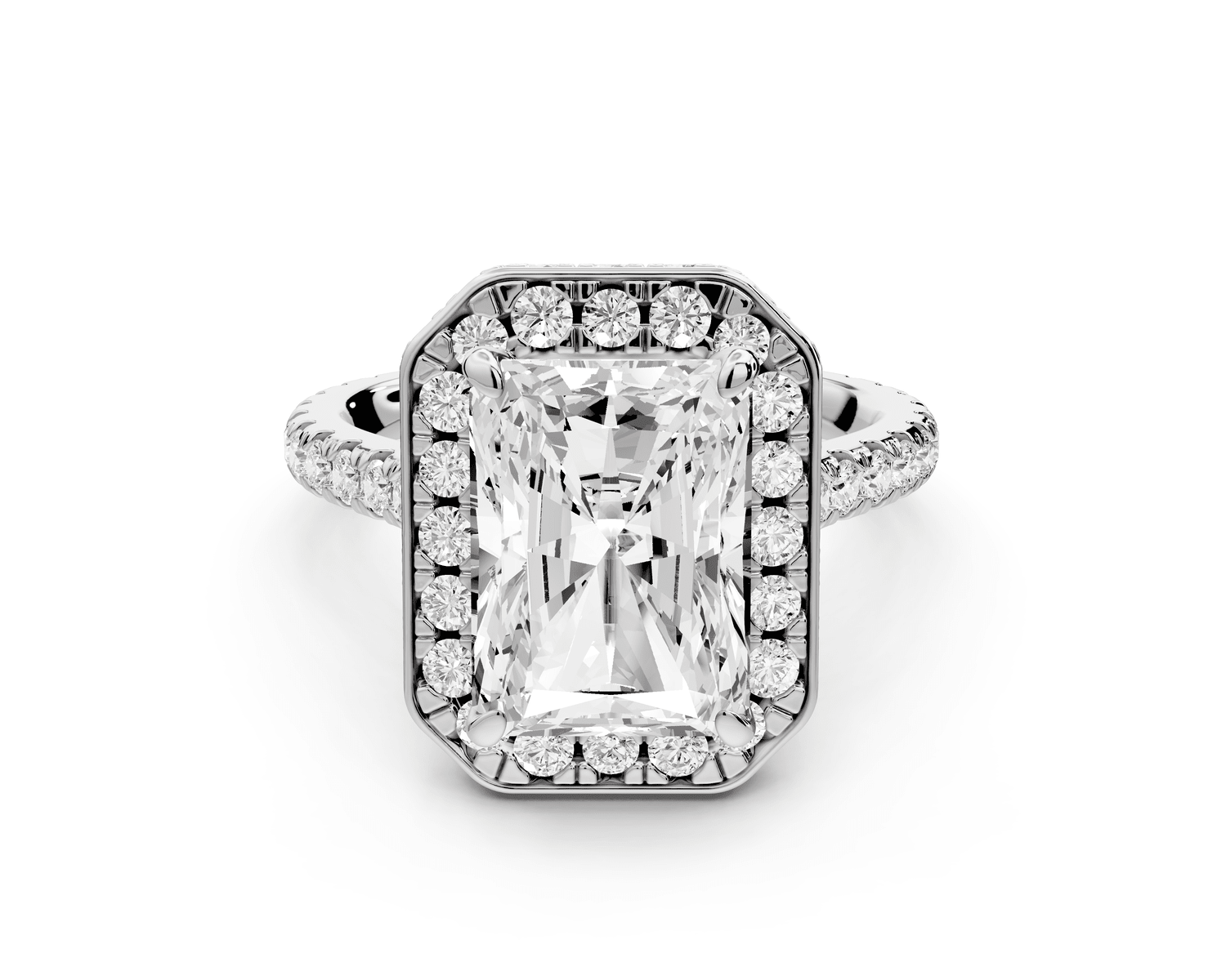 Beatrice - 4ct platinum radiant stone in rollover halo with diamond bridge and pavé engagement ring - Mr. Alex Jewelry