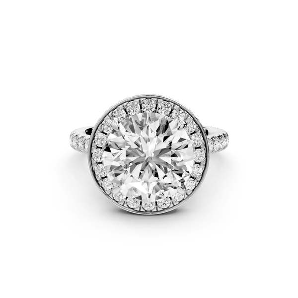 Beatrice - 4ct platinum round stone in rollover halo with diamond bridge and pavé engagement ring - Mr. Alex Jewelry