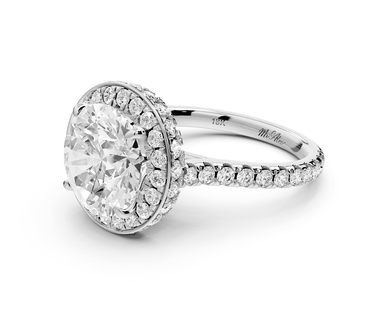 Beatrice - 4ct platinum round stone in rollover halo with diamond bridge and pavé engagement ring - Mr. Alex Jewelry