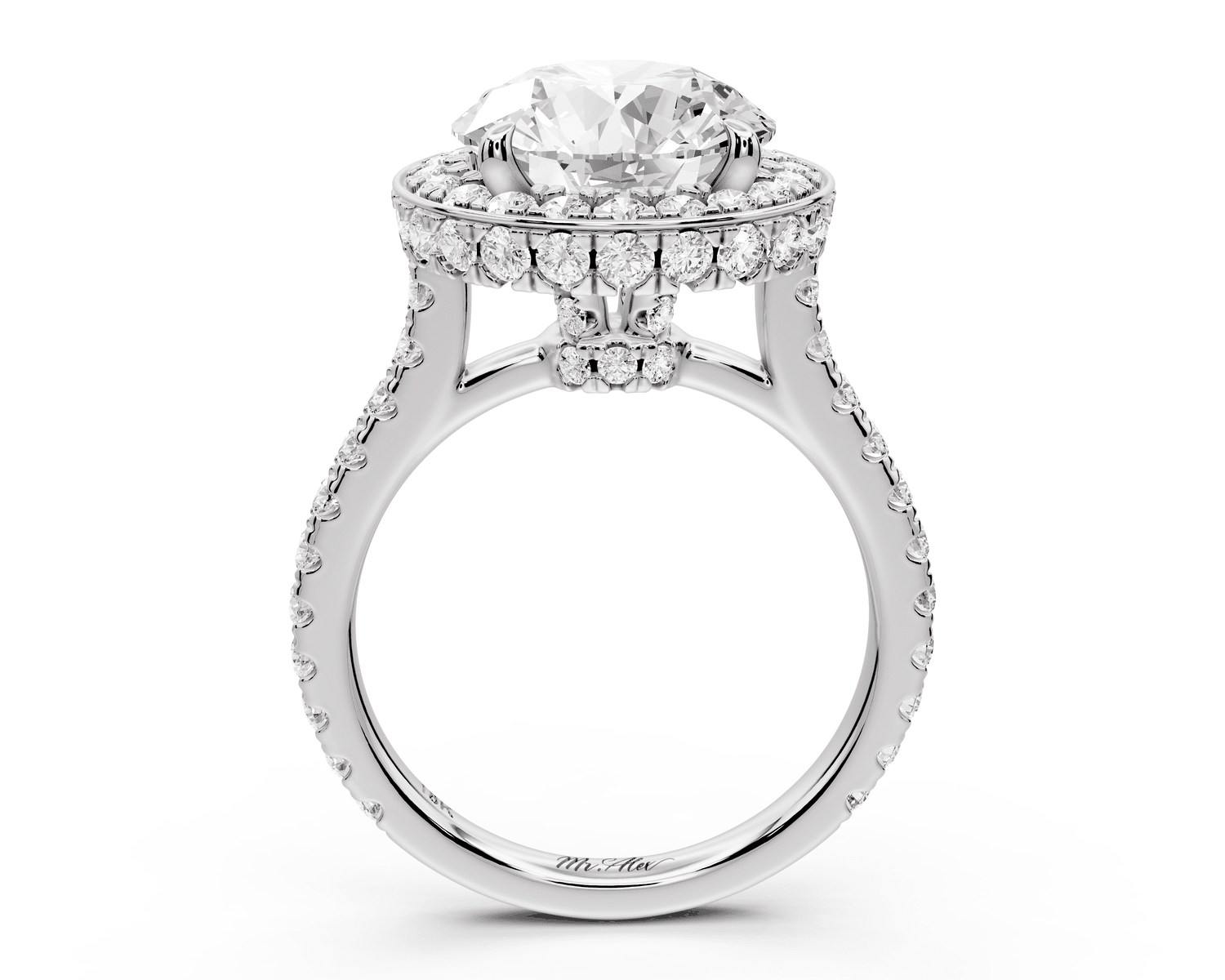 Beatrice - 4ct platinum round stone in rollover halo with diamond bridge and pavé engagement ring - Mr. Alex Jewelry