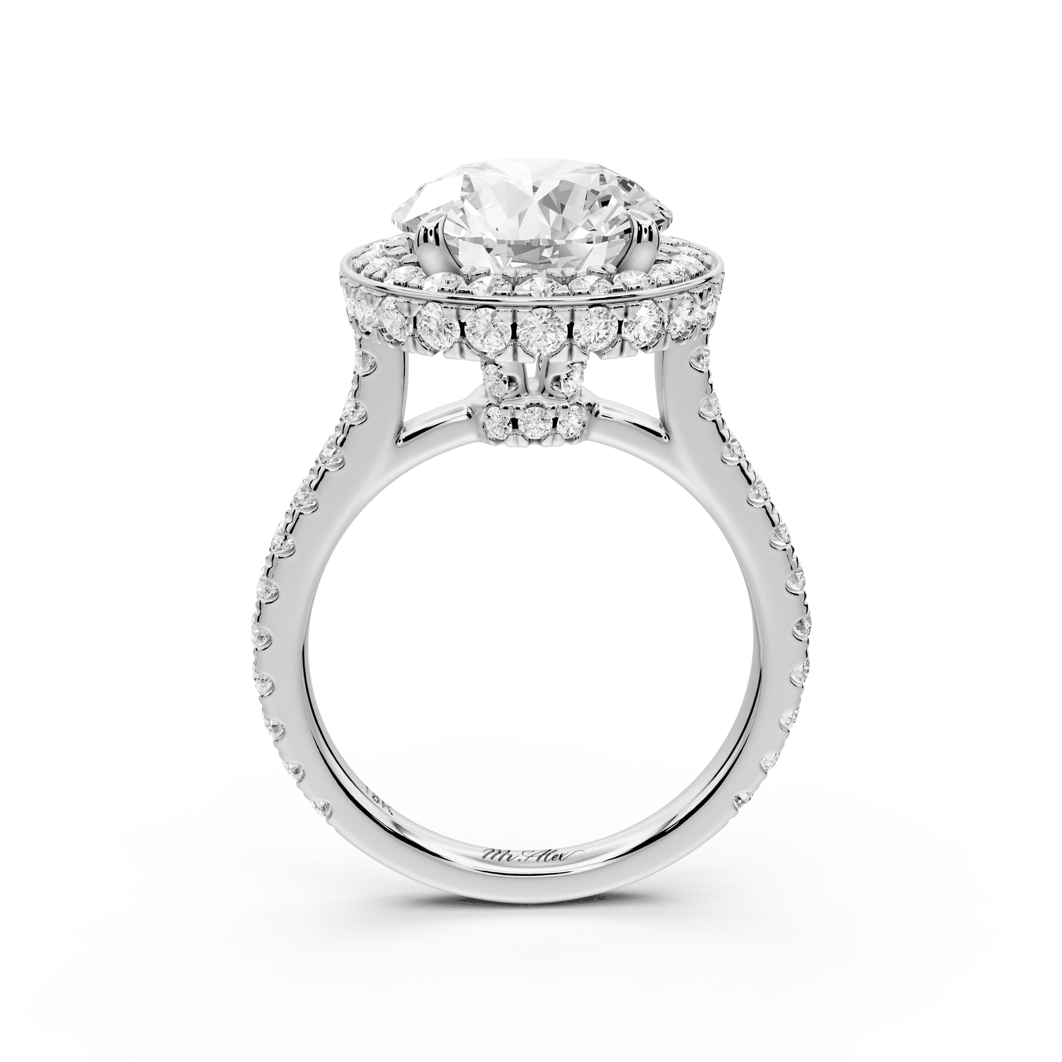 Beatrice - 4ct platinum round stone in rollover halo with diamond bridge and pavé engagement ring - Mr. Alex Jewelry