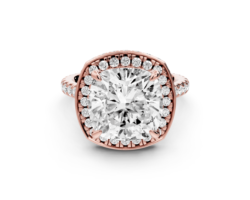 Beatrice - 5ct 14k rose gold cushion stone in rollover halo with diamond bridge and pavé engagement ring - Mr. Alex Jewelry