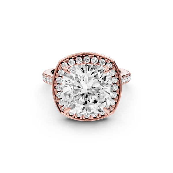 Beatrice - 5ct 14k rose gold cushion stone in rollover halo with diamond bridge and pavé engagement ring - Mr. Alex Jewelry