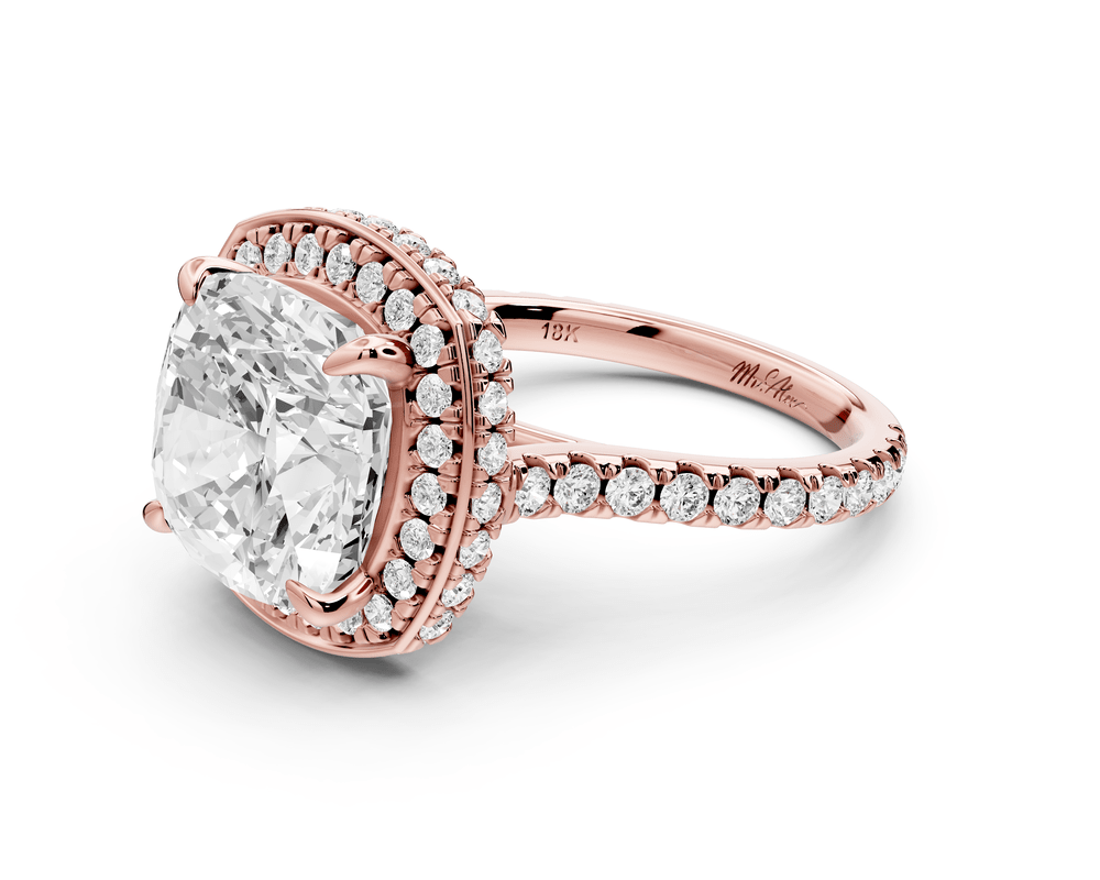 Beatrice - 5ct 14k rose gold cushion stone in rollover halo with diamond bridge and pavé engagement ring - Mr. Alex Jewelry