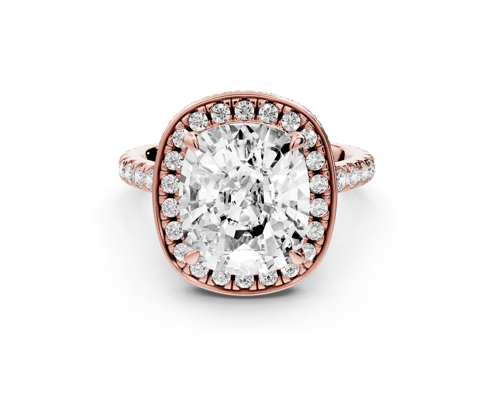 Beatrice - 5ct 14k rose gold ecushion stone in rollover halo with diamond bridge and pavé engagement ring - Mr. Alex Jewelry