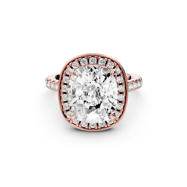 Beatrice - 5ct 14k rose gold ecushion stone in rollover halo with diamond bridge and pavé engagement ring - Mr. Alex Jewelry