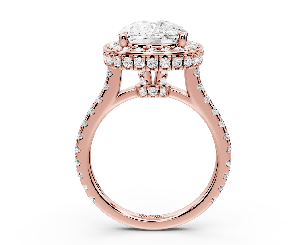 Beatrice - 5ct 14k rose gold ecushion stone in rollover halo with diamond bridge and pavé engagement ring - Mr. Alex Jewelry