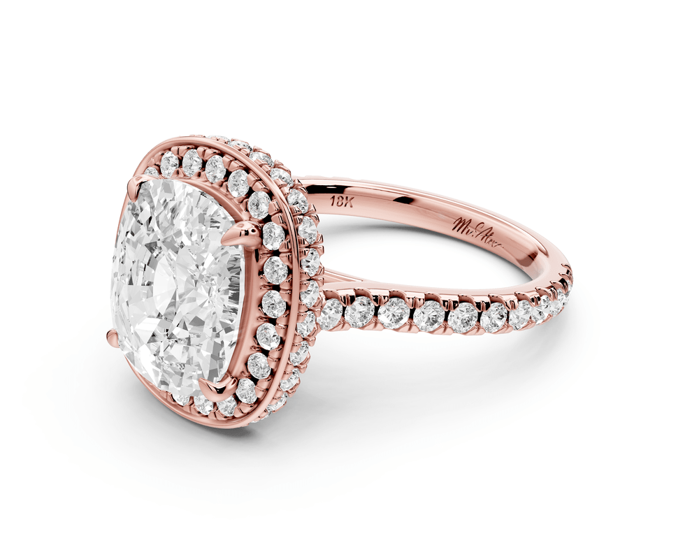 Beatrice - 5ct 14k rose gold ecushion stone in rollover halo with diamond bridge and pavé engagement ring - Mr. Alex Jewelry