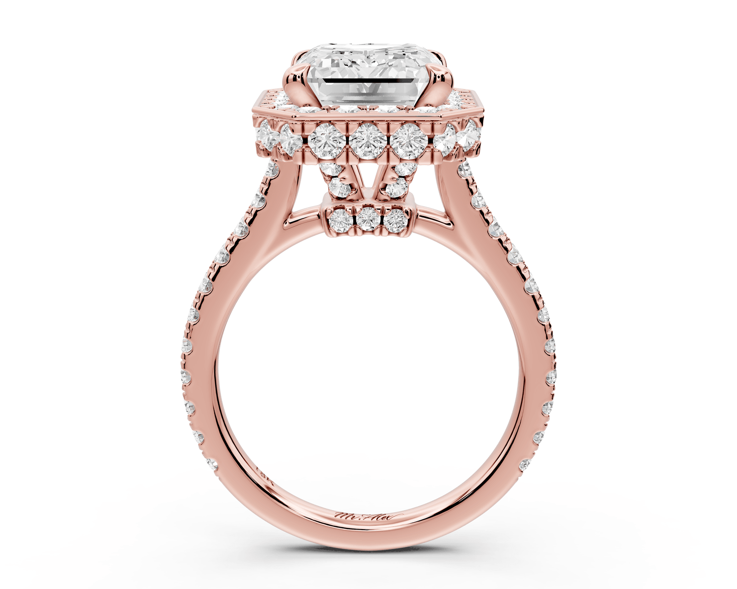 Beatrice - 5ct 14k rose gold emerald stone in rollover halo with diamond bridge and pavé engagement ring - Mr. Alex Jewelry