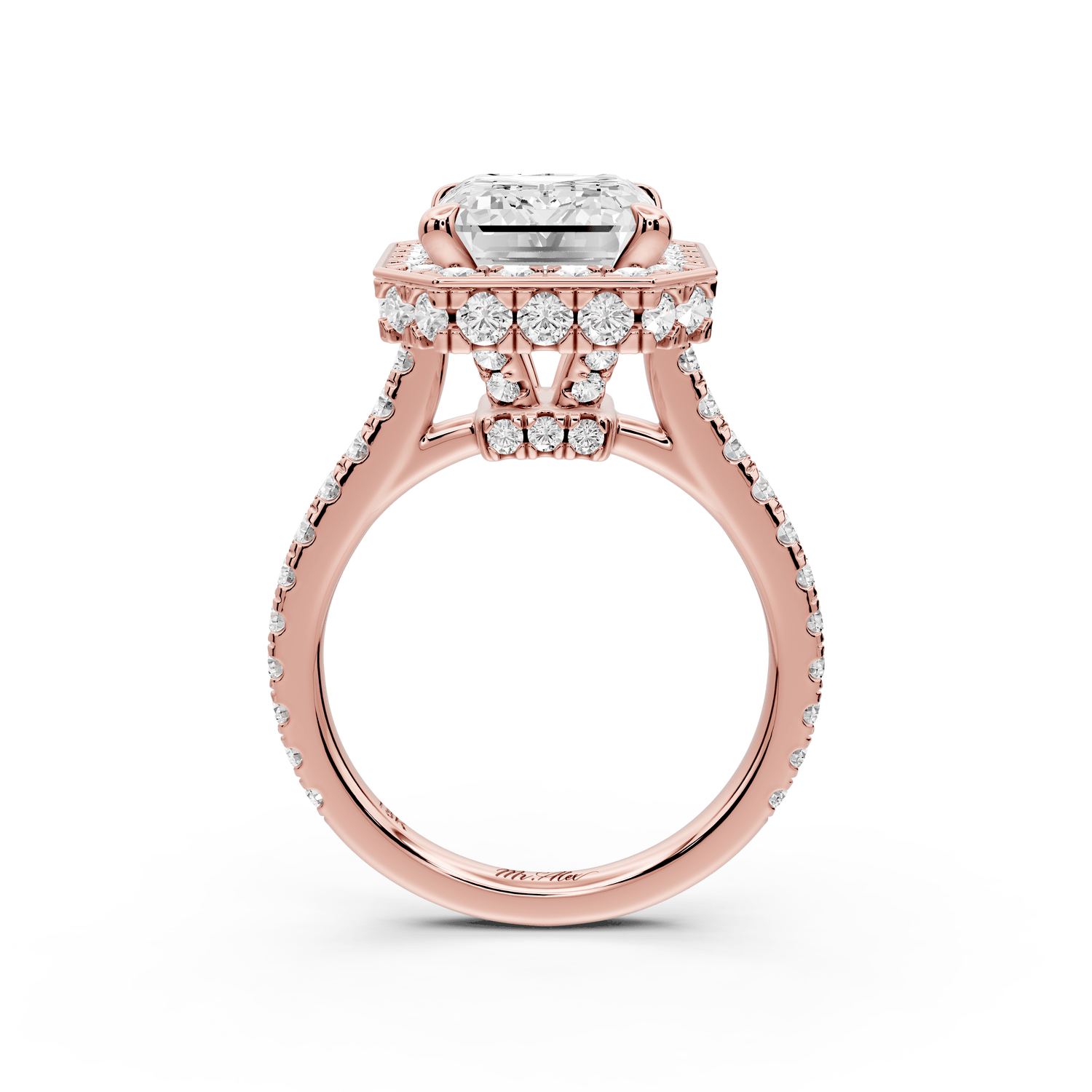 Beatrice - 5ct 14k rose gold emerald stone in rollover halo with diamond bridge and pavé engagement ring - Mr. Alex Jewelry