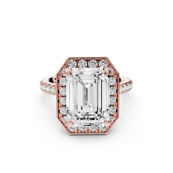 Beatrice - 5ct 14k rose gold emerald stone in rollover halo with diamond bridge and pavé engagement ring - Mr. Alex Jewelry