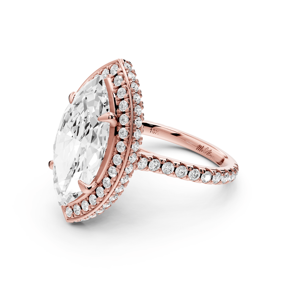 Beatrice - 5ct 14k rose gold marquise stone in rollover halo with diamond bridge and pavé engagement ring - Mr. Alex Jewelry