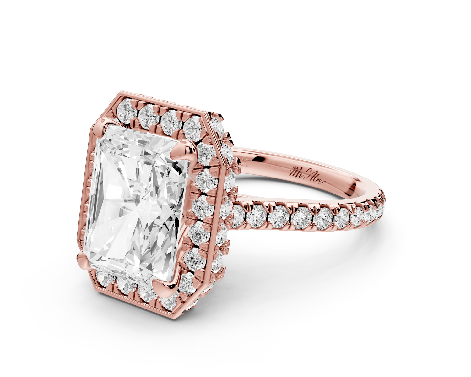 Beatrice - 5ct 14k rose gold radiant stone in rollover halo with diamond bridge and pavé engagement ring - Mr. Alex Jewelry