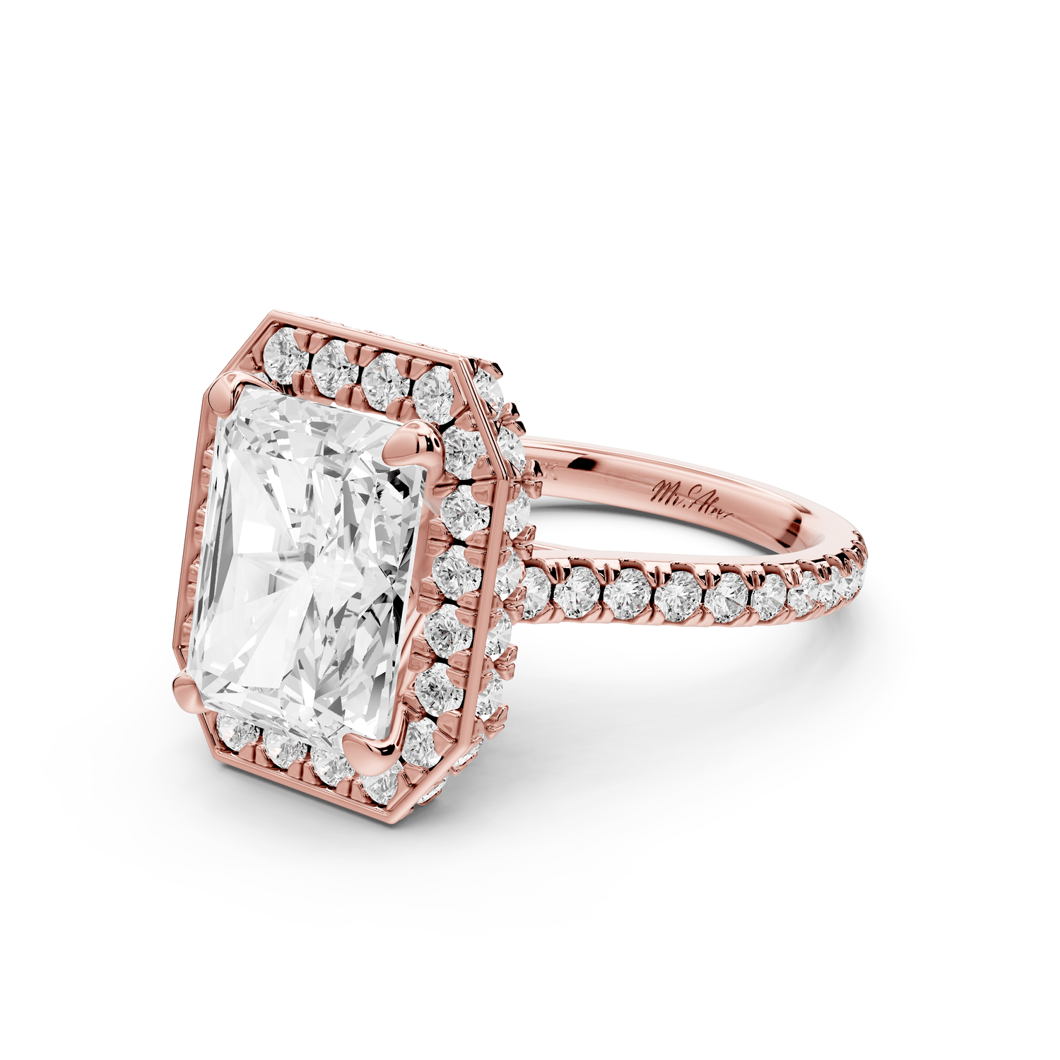 Beatrice - 5ct 14k rose gold radiant stone in rollover halo with diamond bridge and pavé engagement ring - Mr. Alex Jewelry