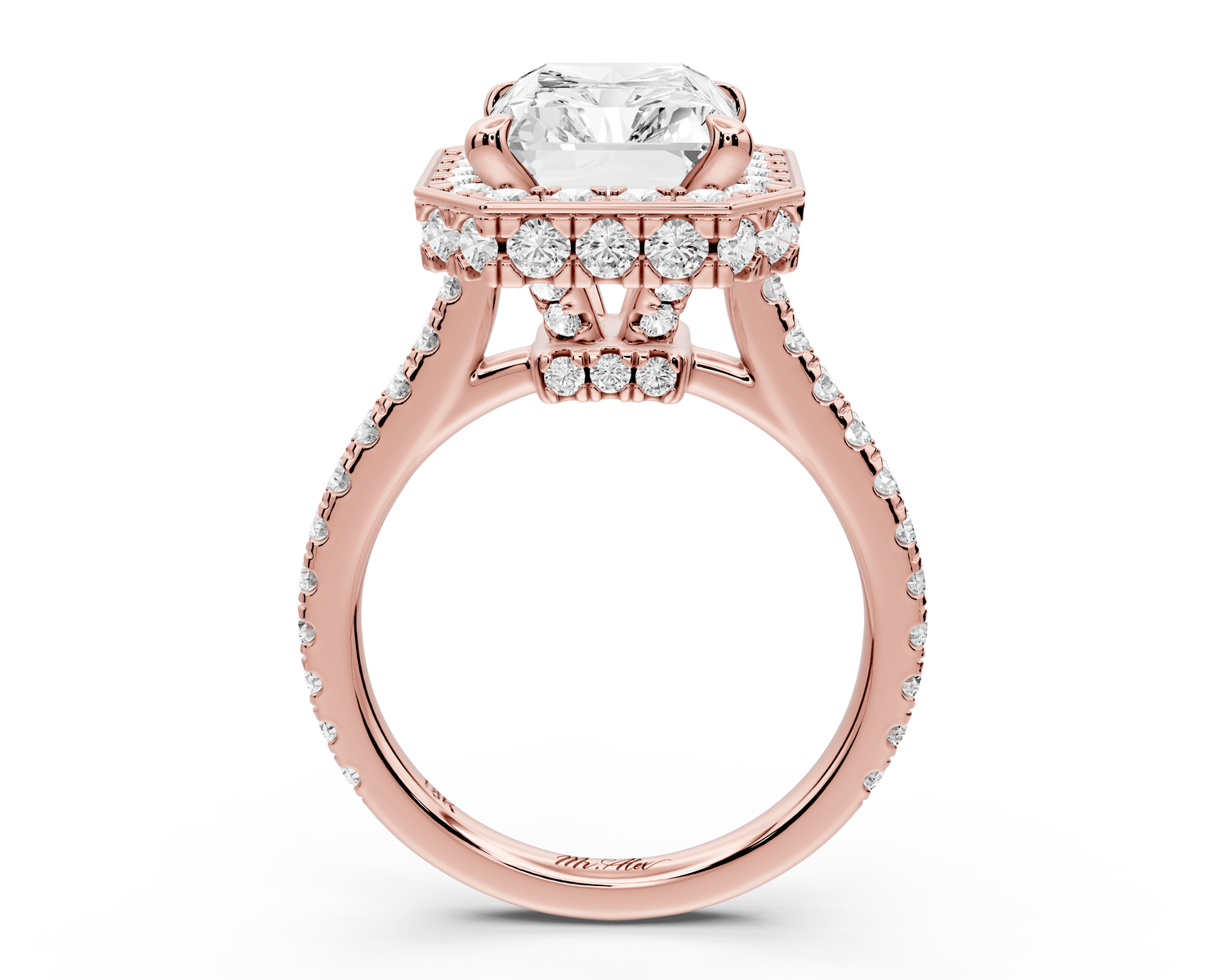 Beatrice - 5ct 14k rose gold radiant stone in rollover halo with diamond bridge and pavé engagement ring - Mr. Alex Jewelry