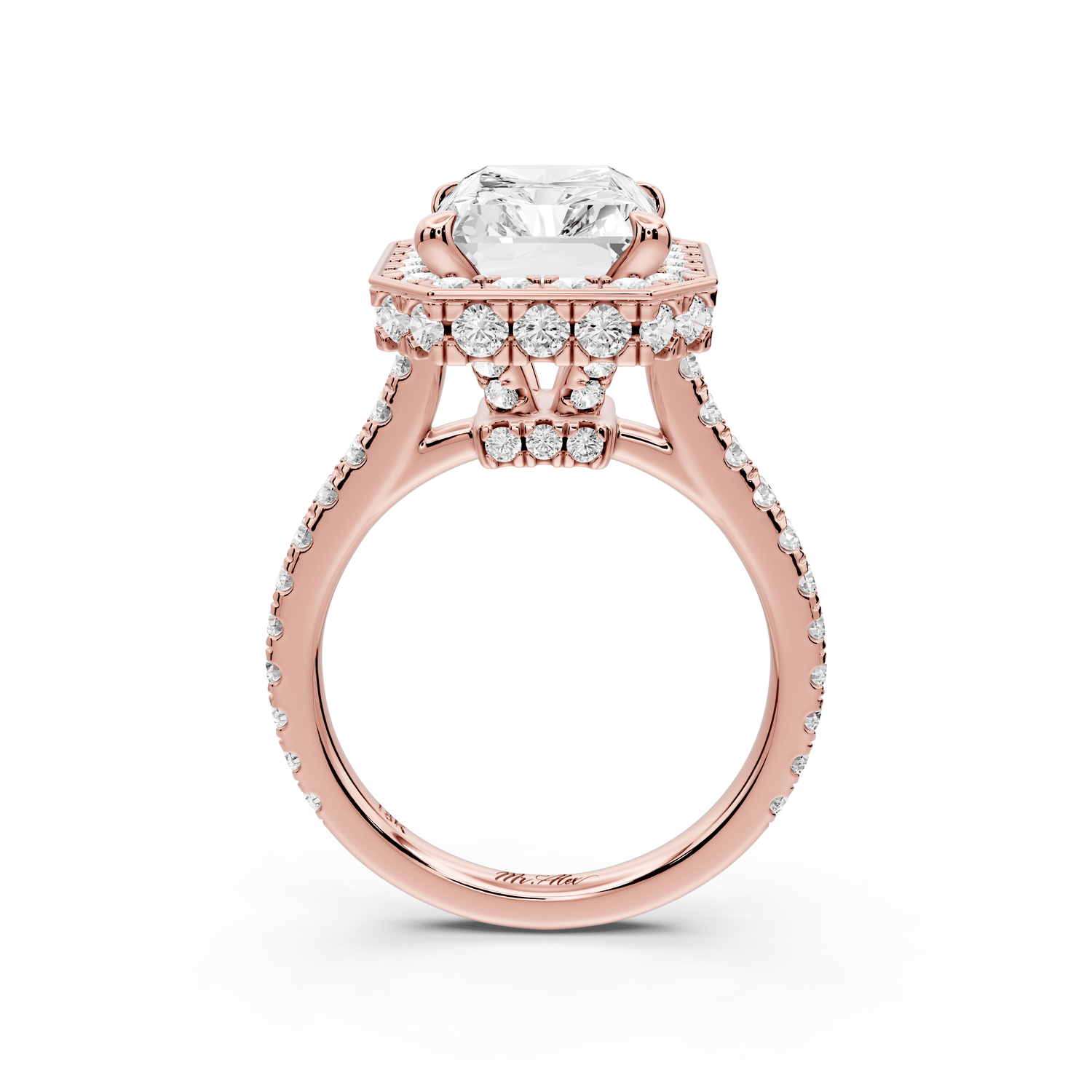 Beatrice - 5ct 14k rose gold radiant stone in rollover halo with diamond bridge and pavé engagement ring - Mr. Alex Jewelry