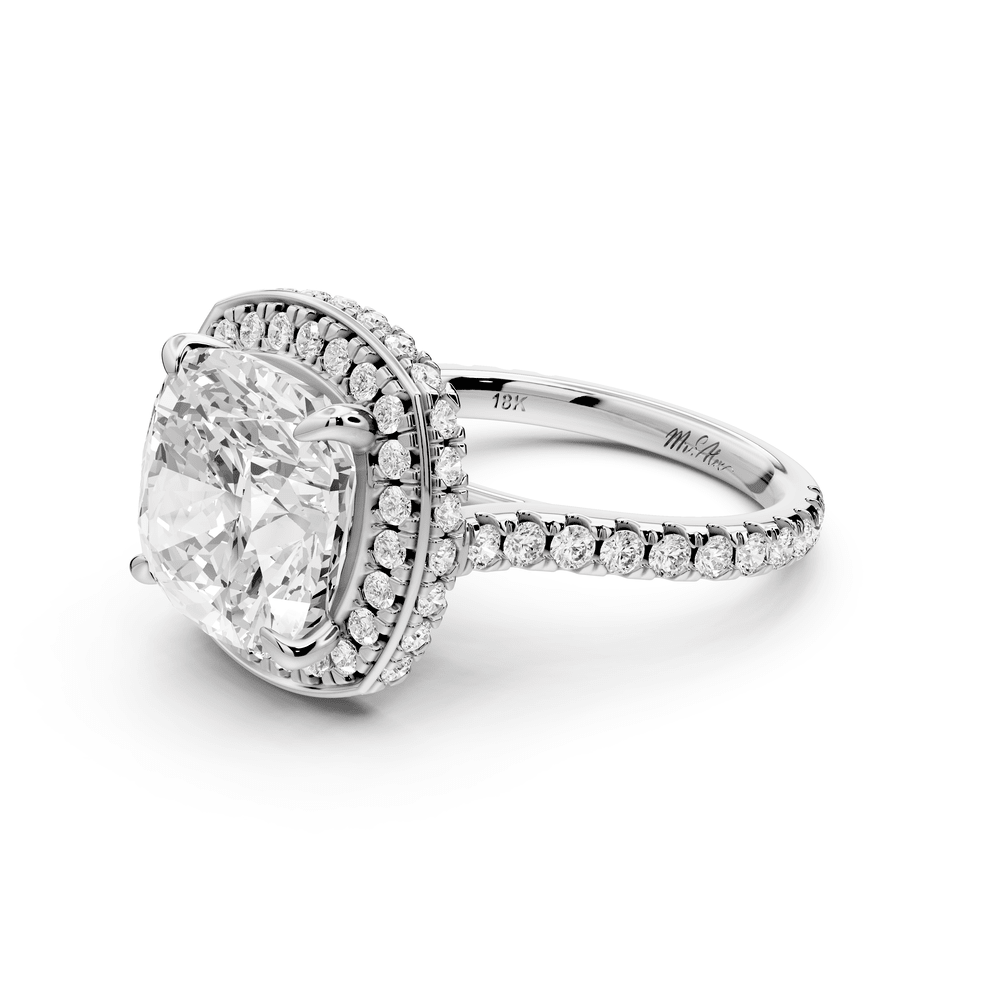 Beatrice - 5ct 14k white gold cushion stone in rollover halo with diamond bridge and pavé engagement ring - Mr. Alex Jewelry