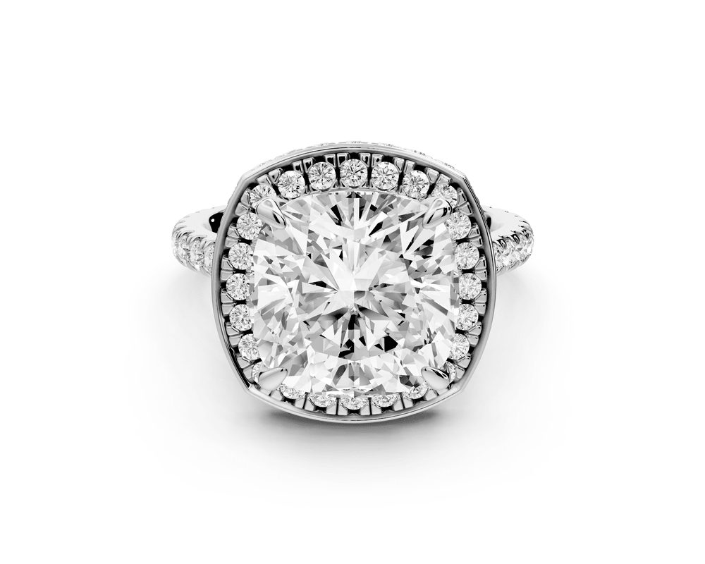Beatrice - 5ct 14k white gold cushion stone in rollover halo with diamond bridge and pavé engagement ring - Mr. Alex Jewelry