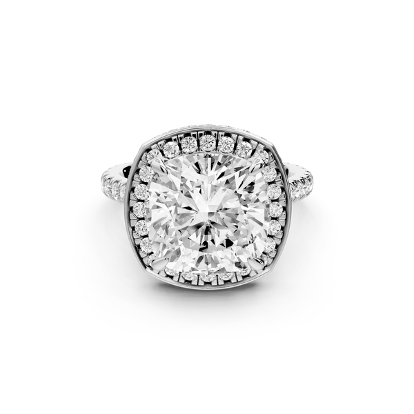Beatrice - 5ct 14k white gold cushion stone in rollover halo with diamond bridge and pavé engagement ring - Mr. Alex Jewelry