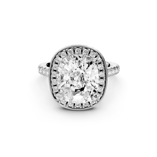 Beatrice - 5ct 14k white gold ecushion stone in rollover halo with diamond bridge and pavé engagement ring - Mr. Alex Jewelry