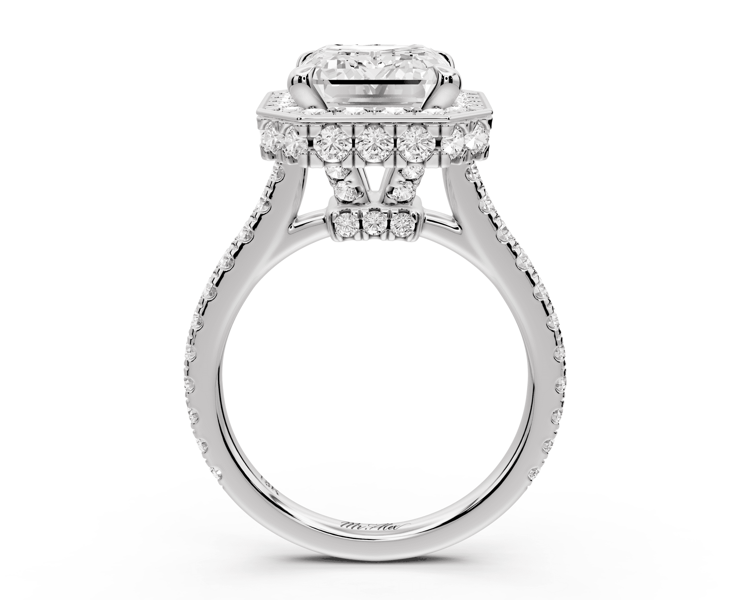 Beatrice - 5ct 14k white gold emerald stone in rollover halo with diamond bridge and pavé engagement ring - Mr. Alex Jewelry