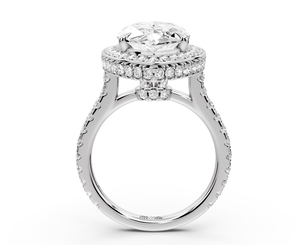 Beatrice - 5ct 14k white gold marquise stone in rollover halo with diamond bridge and pavé engagement ring - Mr. Alex Jewelry