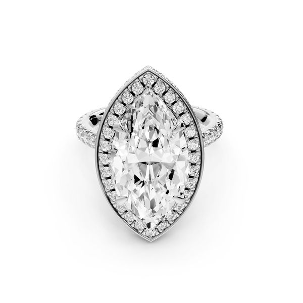 Beatrice - 5ct 14k white gold marquise stone in rollover halo with diamond bridge and pavé engagement ring - Mr. Alex Jewelry