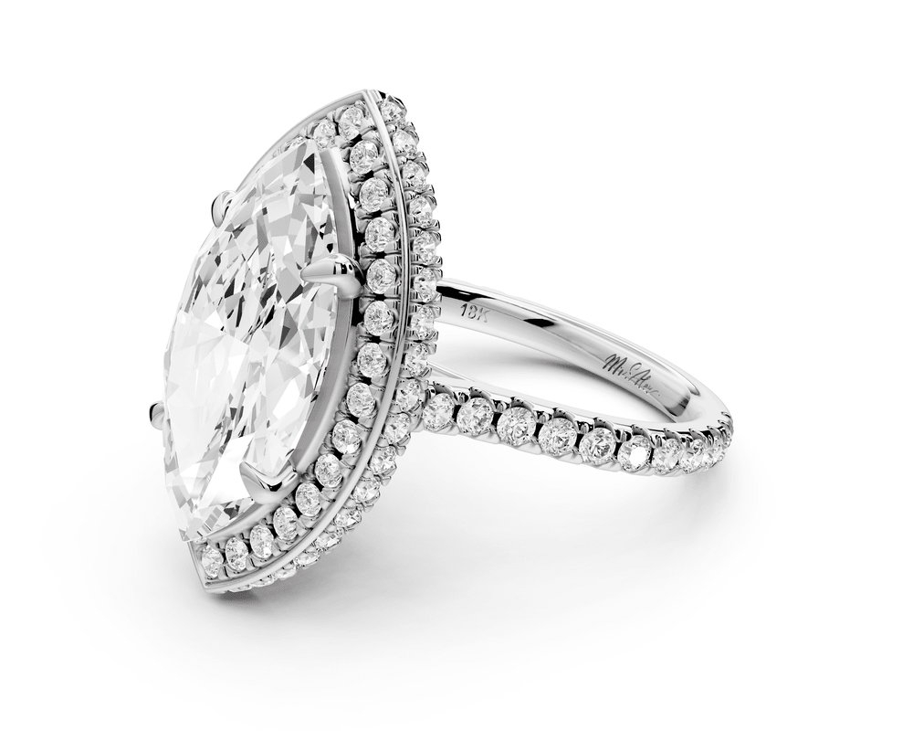 Beatrice - 5ct 14k white gold marquise stone in rollover halo with diamond bridge and pavé engagement ring - Mr. Alex Jewelry