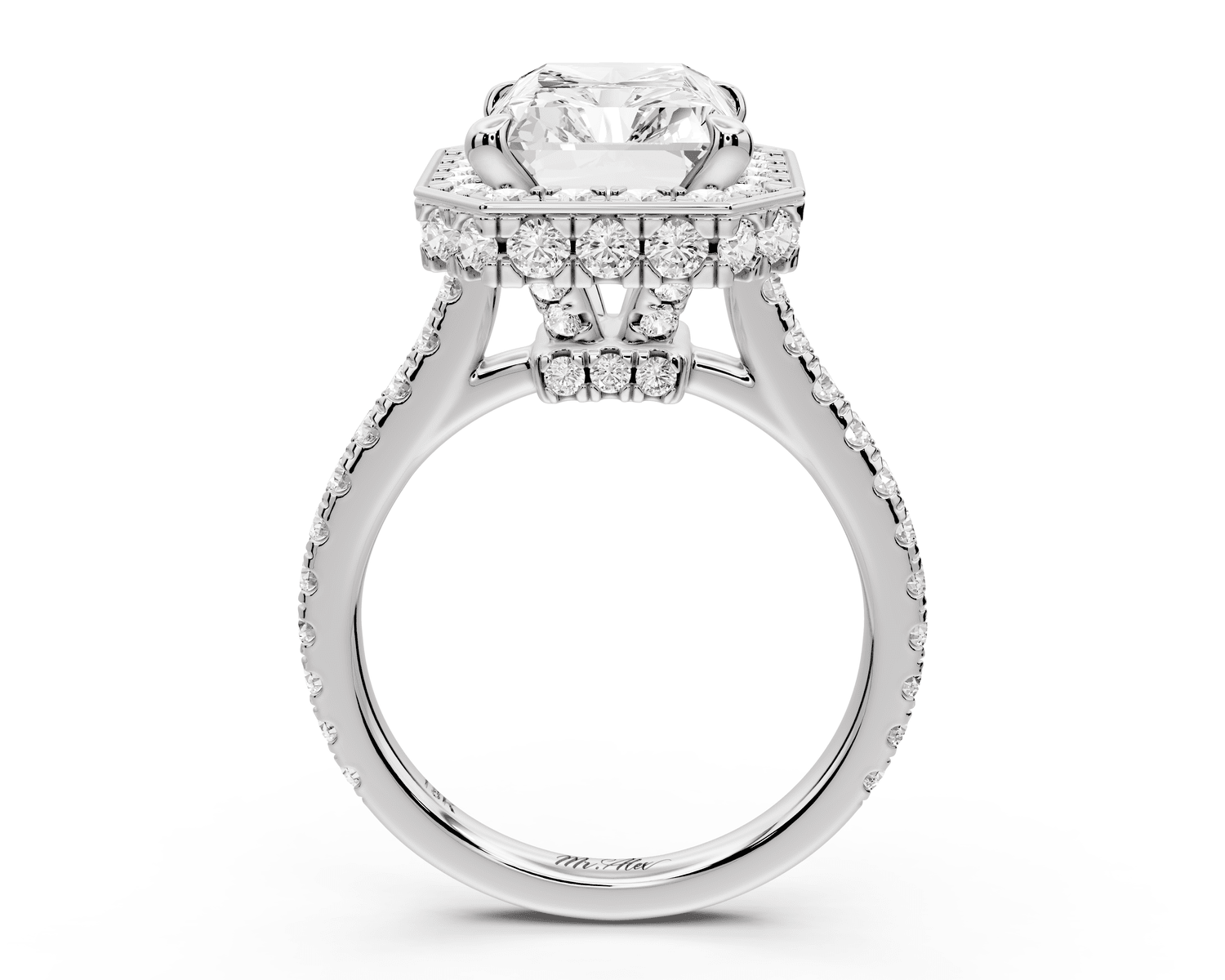 Beatrice - 5ct 14k white gold radiant stone in rollover halo with diamond bridge and pavé engagement ring - Mr. Alex Jewelry