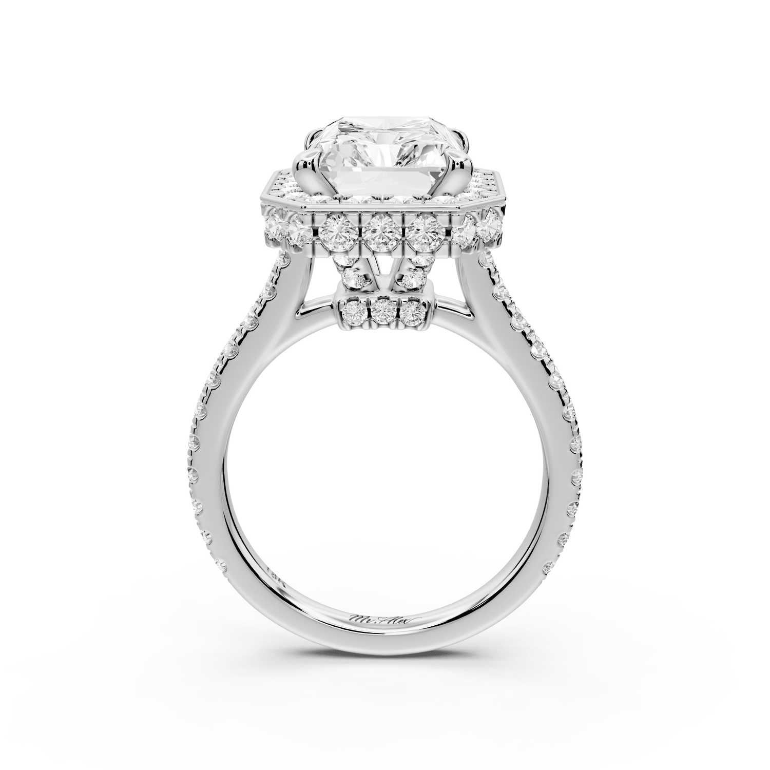 Beatrice - 5ct 14k white gold radiant stone in rollover halo with diamond bridge and pavé engagement ring - Mr. Alex Jewelry
