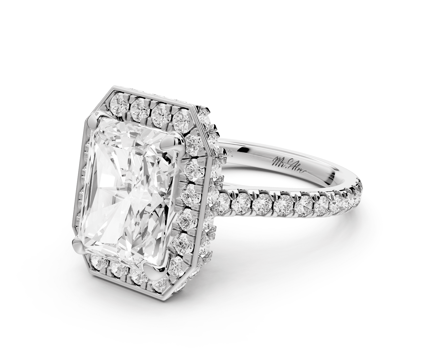 Beatrice - 5ct 14k white gold radiant stone in rollover halo with diamond bridge and pavé engagement ring - Mr. Alex Jewelry