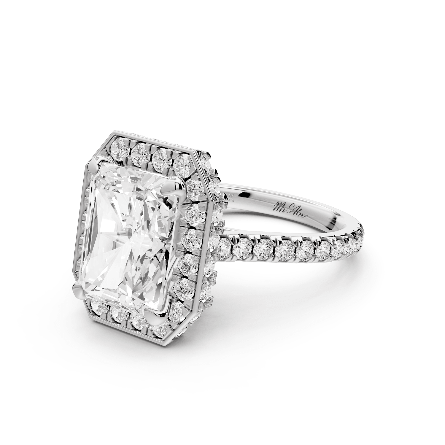 Beatrice - 5ct 14k white gold radiant stone in rollover halo with diamond bridge and pavé engagement ring - Mr. Alex Jewelry