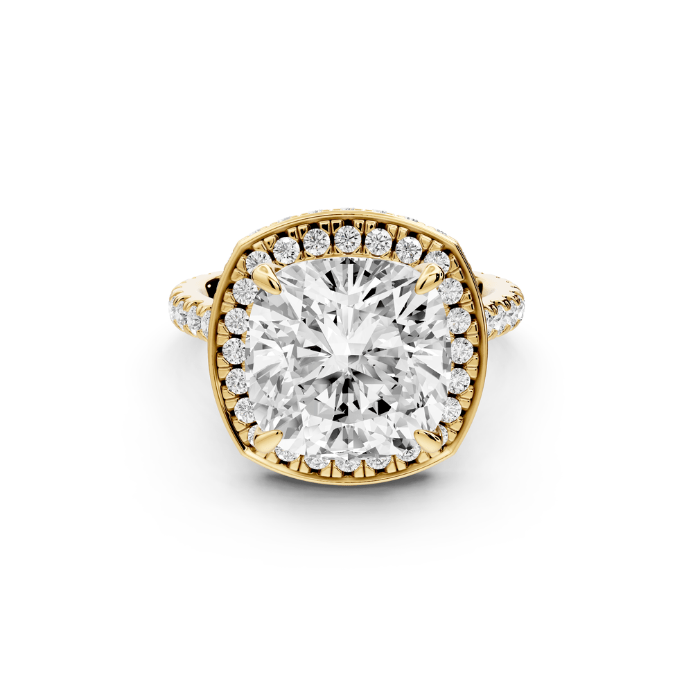 Beatrice - 5ct 14k yellow gold cushion stone in rollover halo with diamond bridge and pavé engagement ring - Mr. Alex Jewelry