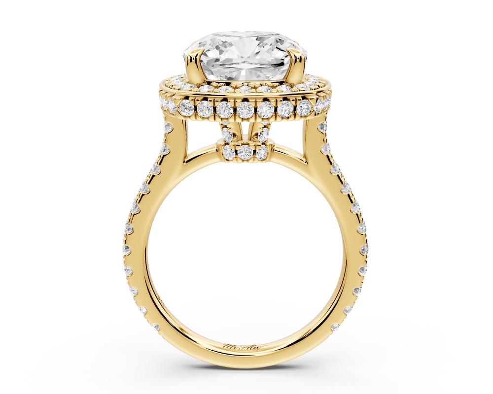 Beatrice - 5ct 14k yellow gold cushion stone in rollover halo with diamond bridge and pavé engagement ring - Mr. Alex Jewelry