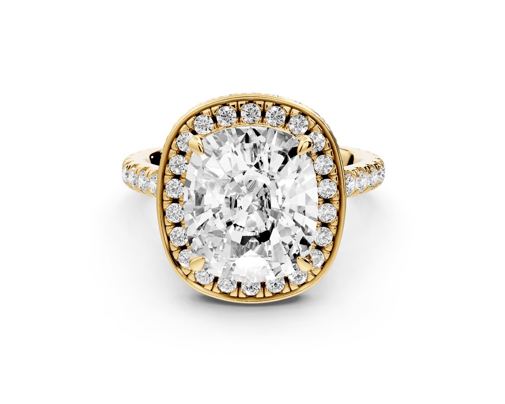 Beatrice - 5ct 14k yellow gold ecushion stone in rollover halo with diamond bridge and pavé engagement ring - Mr. Alex Jewelry