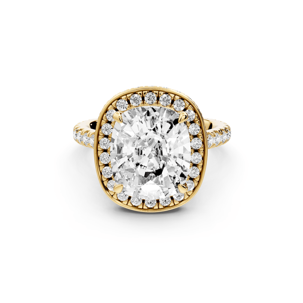 Beatrice - 5ct 14k yellow gold ecushion stone in rollover halo with diamond bridge and pavé engagement ring - Mr. Alex Jewelry