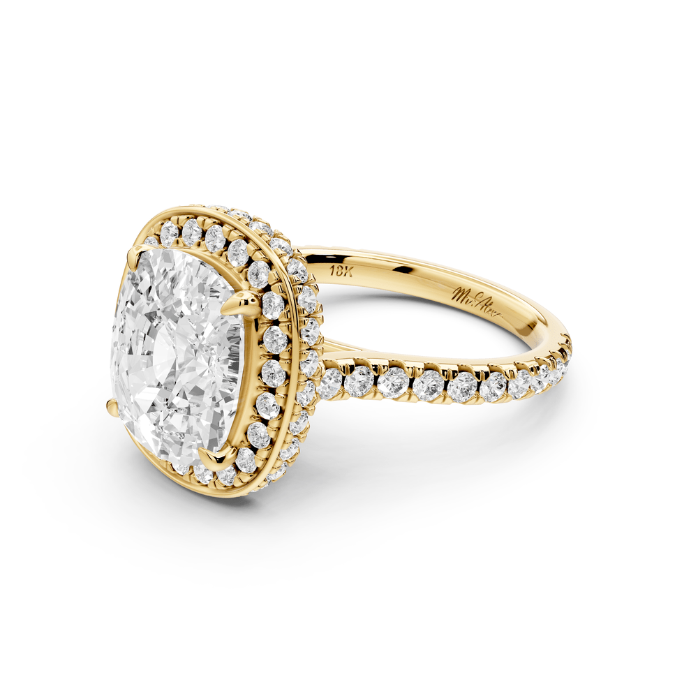 Beatrice - 5ct 14k yellow gold ecushion stone in rollover halo with diamond bridge and pavé engagement ring - Mr. Alex Jewelry