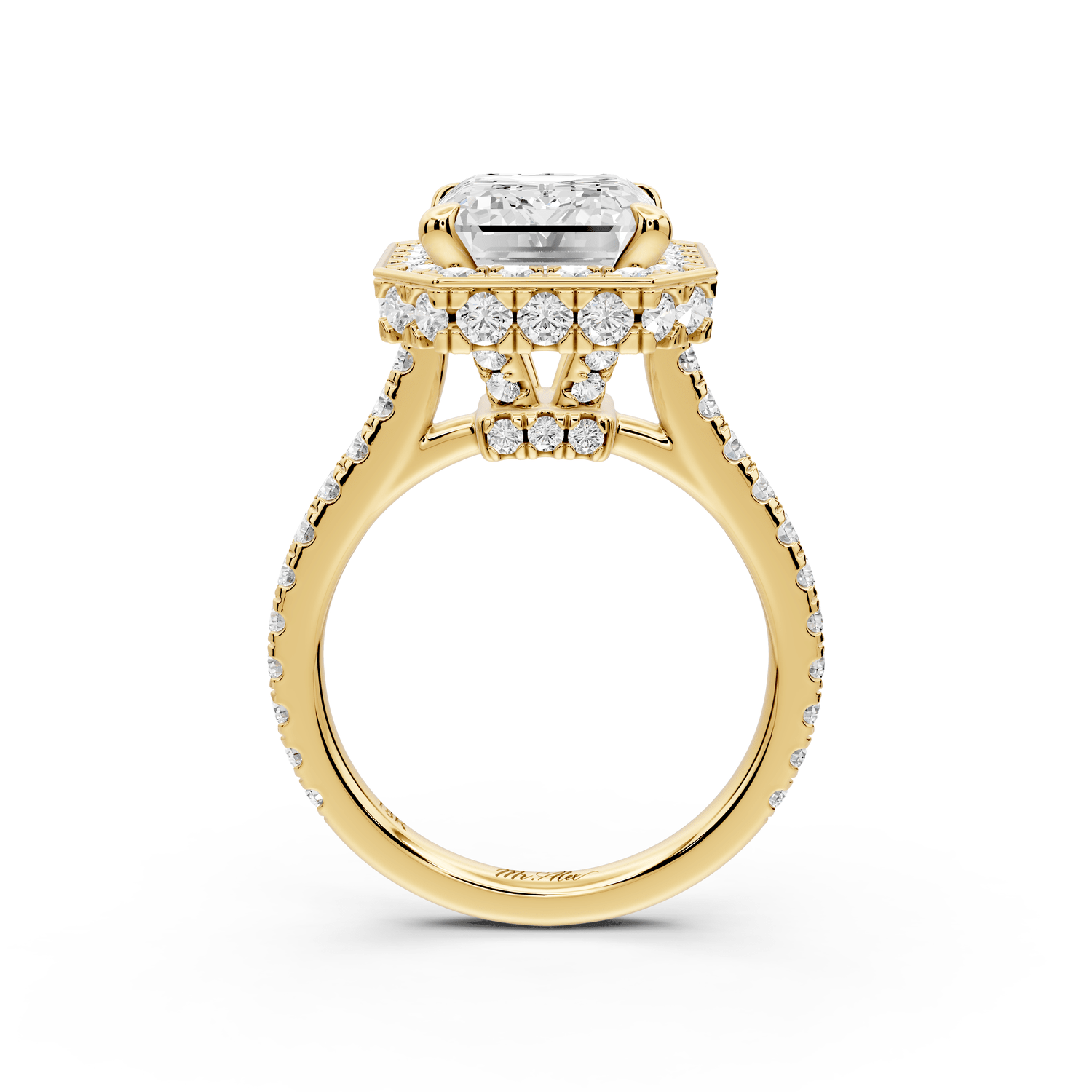 Beatrice - 5ct 14k yellow gold emerald stone in rollover halo with diamond bridge and pavé engagement ring - Mr. Alex Jewelry