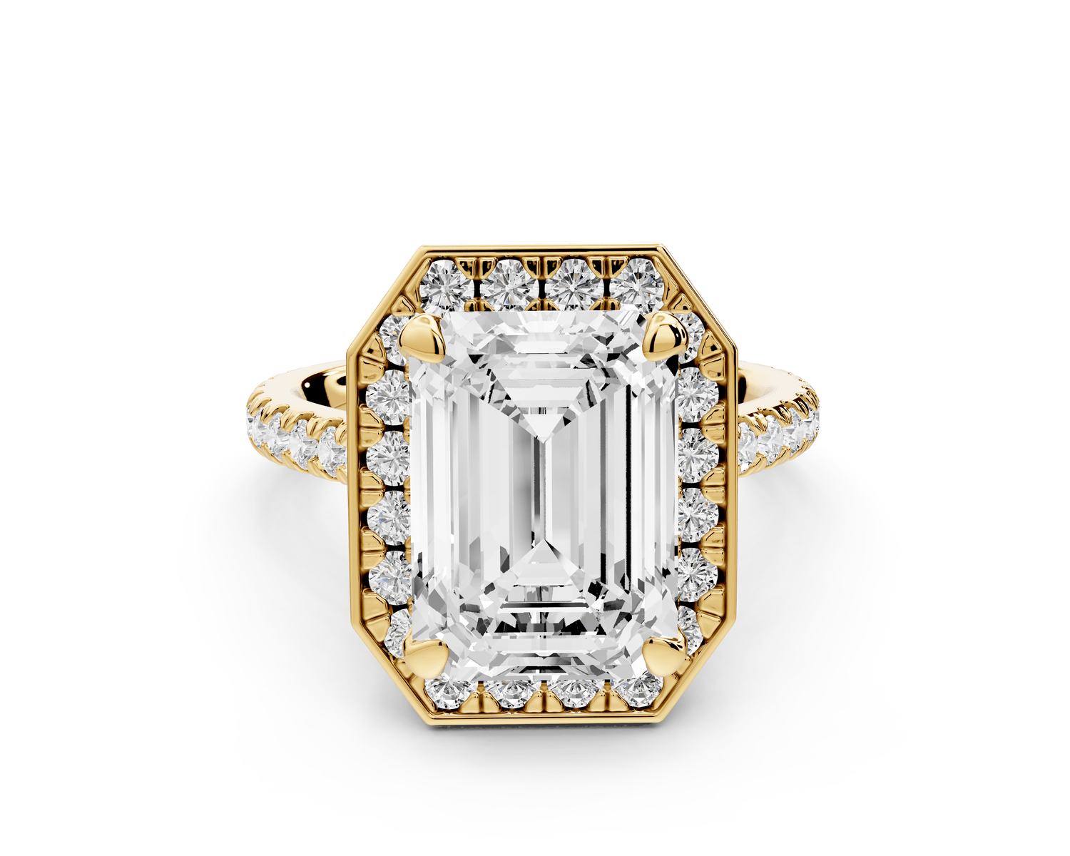Beatrice - 5ct 14k yellow gold emerald stone in rollover halo with diamond bridge and pavé engagement ring - Mr. Alex Jewelry