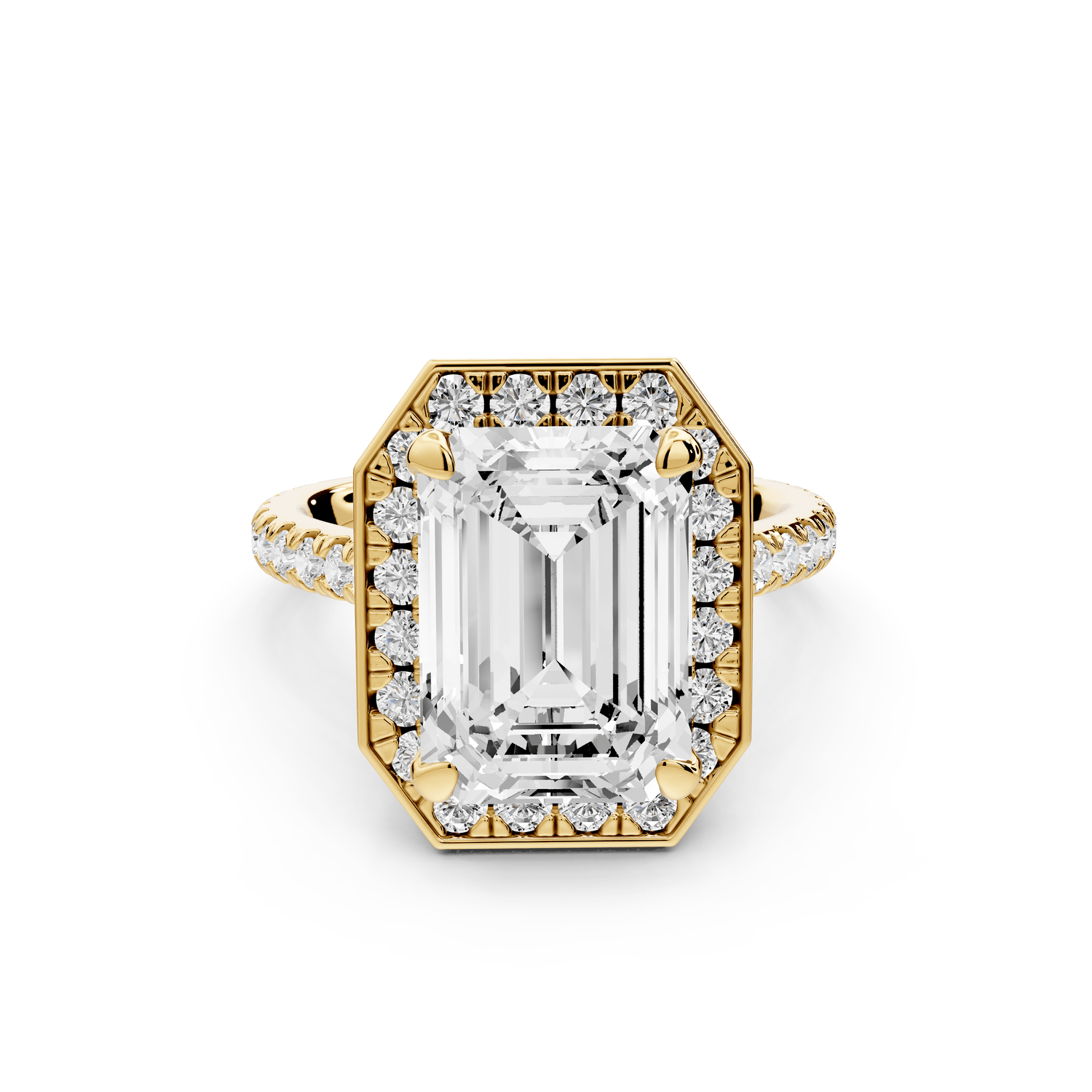 Beatrice - 5ct 14k yellow gold emerald stone in rollover halo with diamond bridge and pavé engagement ring - Mr. Alex Jewelry