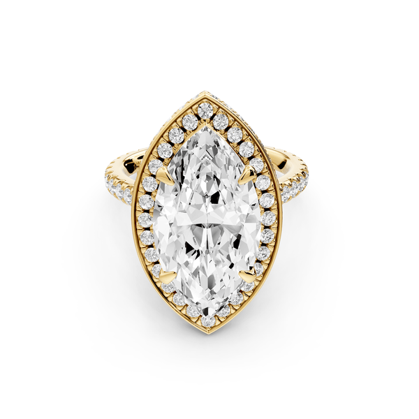 Beatrice - 5ct 14k yellow gold marquise stone in rollover halo with diamond bridge and pavé engagement ring - Mr. Alex Jewelry