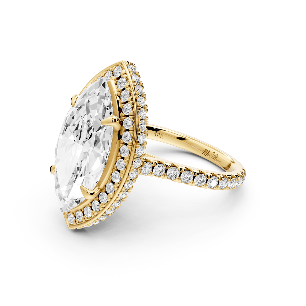 Beatrice - 5ct 14k yellow gold marquise stone in rollover halo with diamond bridge and pavé engagement ring - Mr. Alex Jewelry