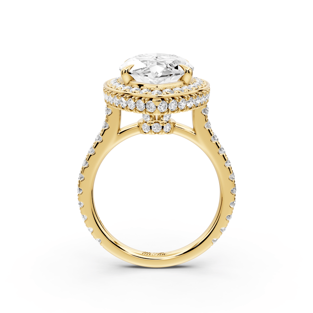 Beatrice - 5ct 14k yellow gold marquise stone in rollover halo with diamond bridge and pavé engagement ring - Mr. Alex Jewelry