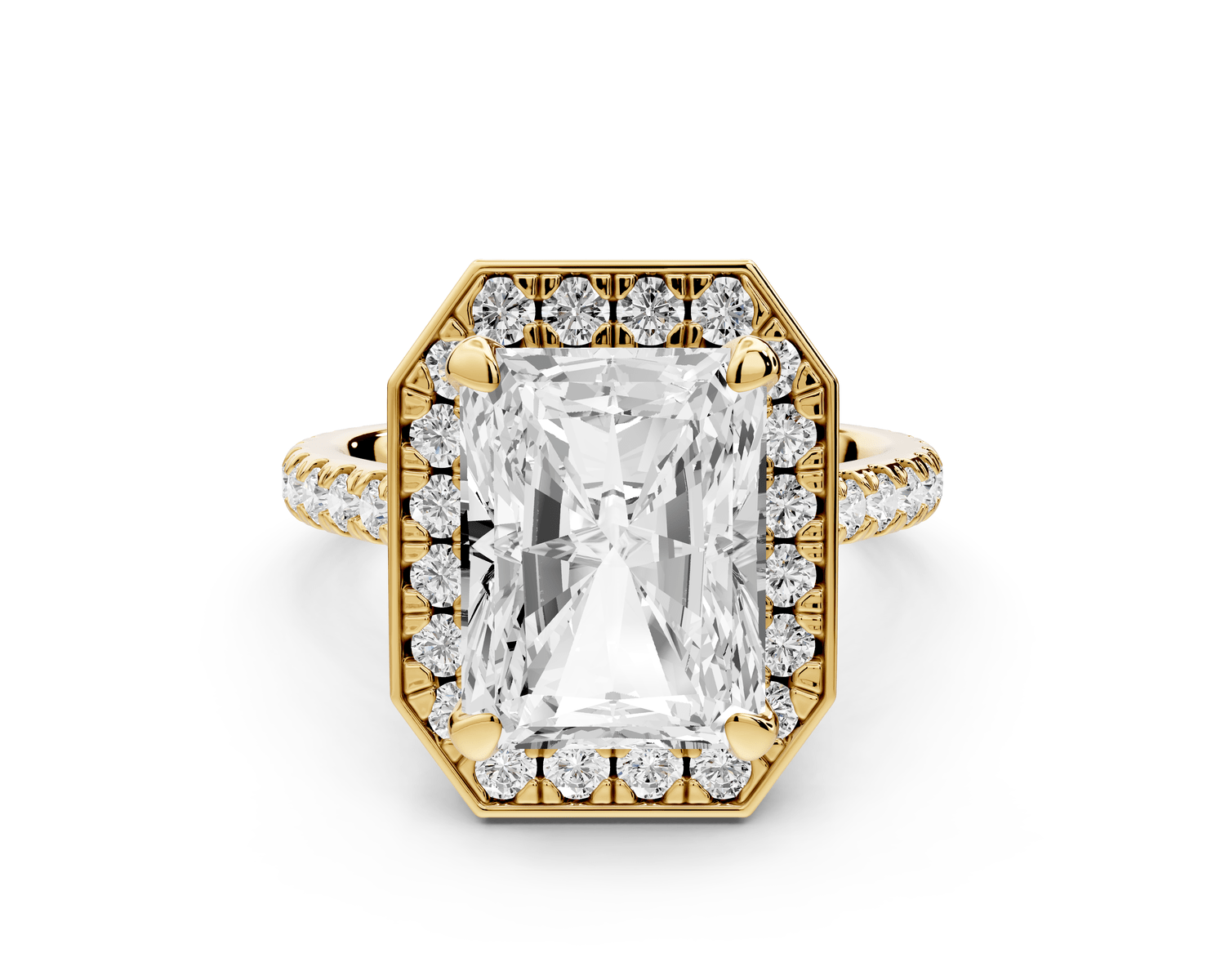 Beatrice - 5ct 14k yellow gold radiant stone in rollover halo with diamond bridge and pavé engagement ring - Mr. Alex Jewelry