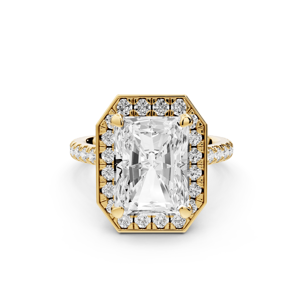 Beatrice - 5ct 14k yellow gold radiant stone in rollover halo with diamond bridge and pavé engagement ring - Mr. Alex Jewelry