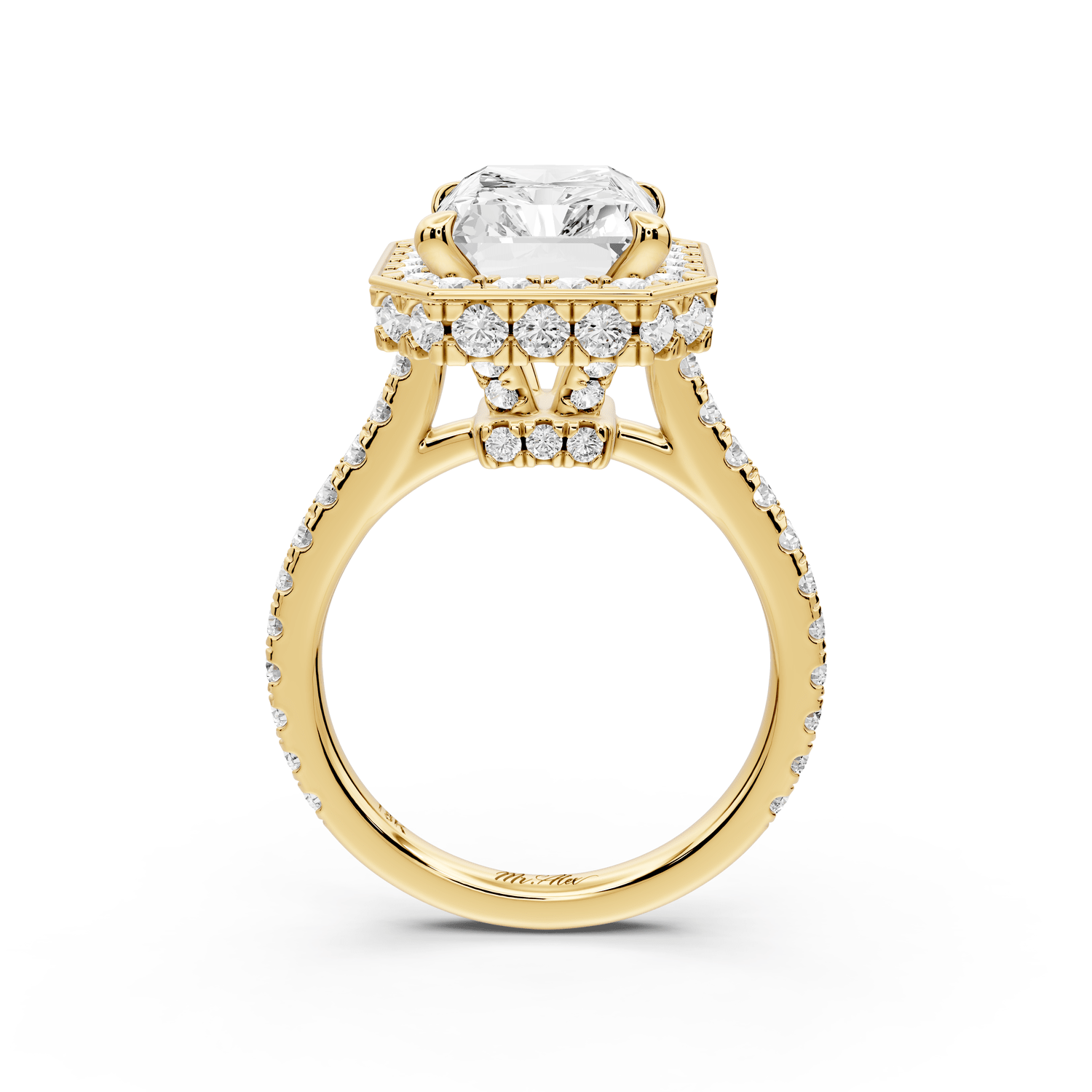 Beatrice - 5ct 14k yellow gold radiant stone in rollover halo with diamond bridge and pavé engagement ring - Mr. Alex Jewelry