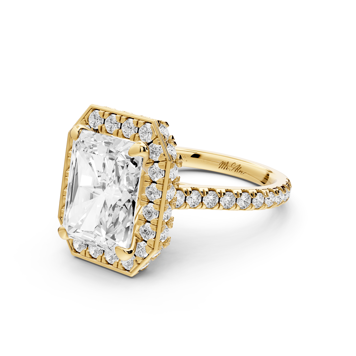 Beatrice - 5ct 14k yellow gold radiant stone in rollover halo with diamond bridge and pavé engagement ring - Mr. Alex Jewelry